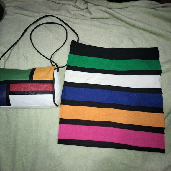 Unlisted Mondrian Multicolor Crossbody Leather Bag and Bongo Skirt Set. - Picture 2 of 16